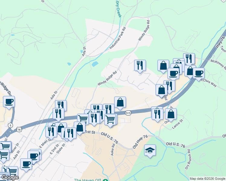 map of restaurants, bars, coffee shops, grocery stores, and more near 641 Windy Ridge Road in Blue Ridge