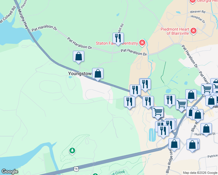 map of restaurants, bars, coffee shops, grocery stores, and more near 22 Williams Road North in Blairsville