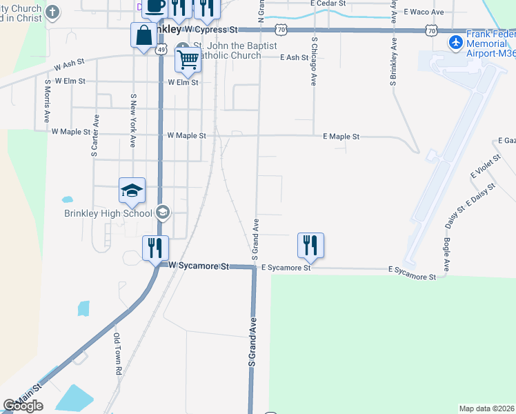 map of restaurants, bars, coffee shops, grocery stores, and more near 226 West Cedar Street in Brinkley