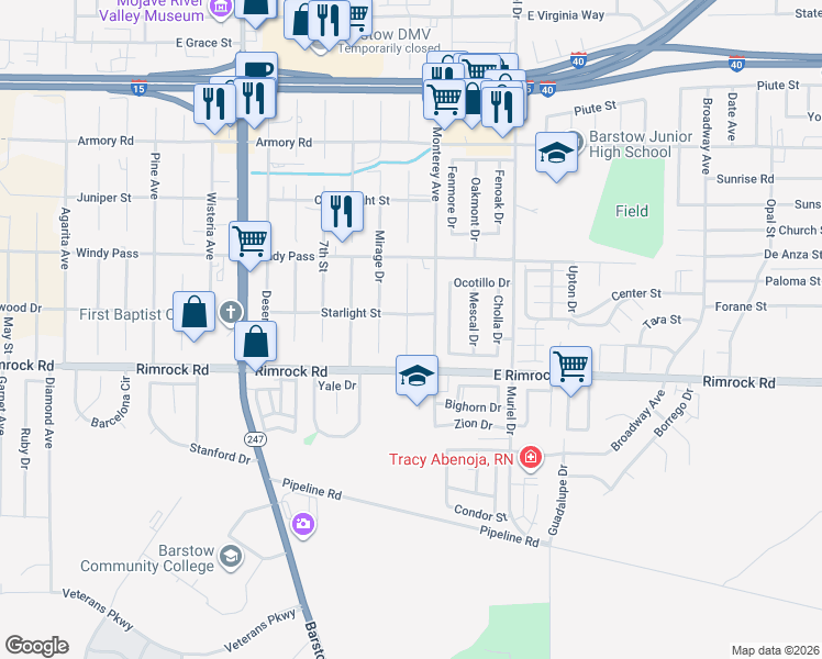 map of restaurants, bars, coffee shops, grocery stores, and more near 1311 10th Street in Barstow