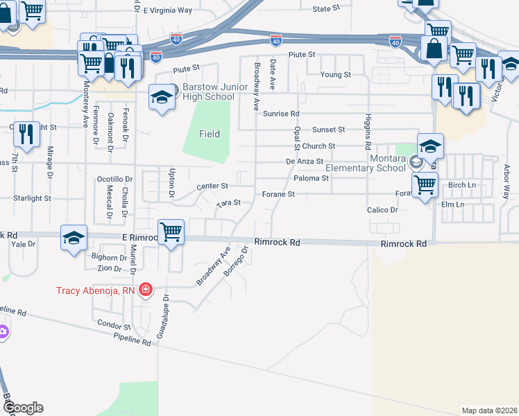 map of restaurants, bars, coffee shops, grocery stores, and more near 1501 Palo Court in Barstow