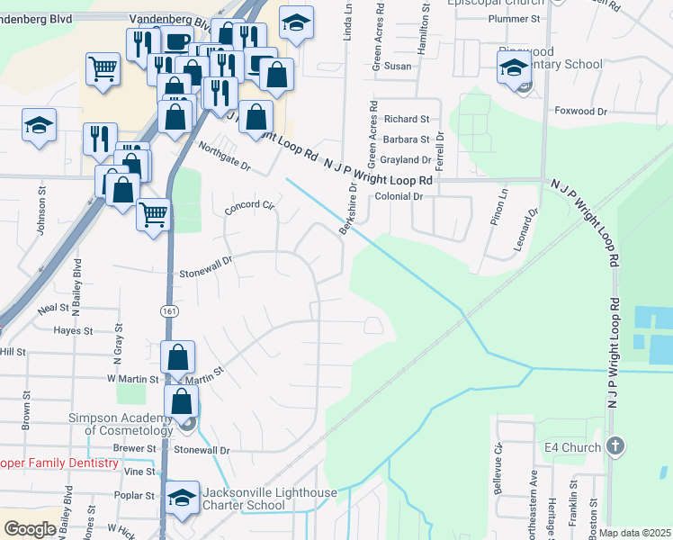 map of restaurants, bars, coffee shops, grocery stores, and more near 107 Berkshire Circle in Jacksonville