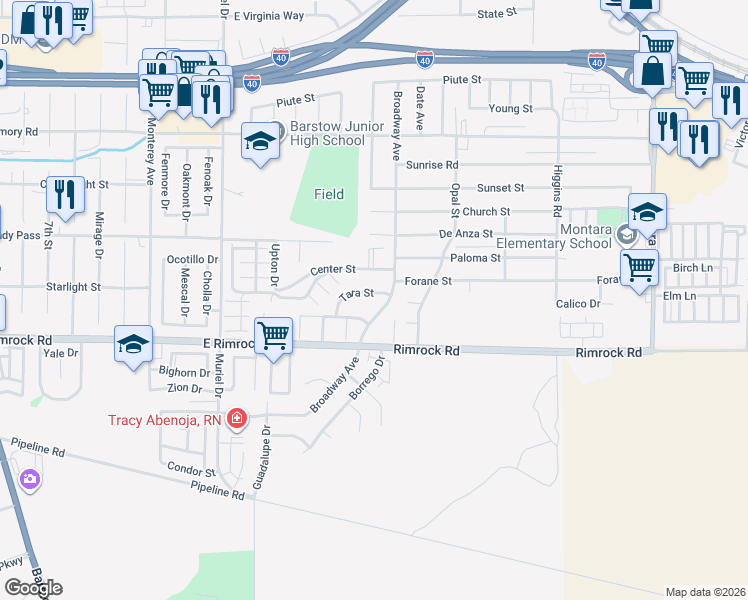 map of restaurants, bars, coffee shops, grocery stores, and more near 1340 Tara Street in Barstow