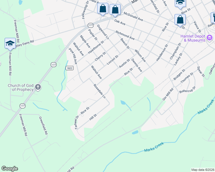 map of restaurants, bars, coffee shops, grocery stores, and more near 1120 Rice Street in Hamlet