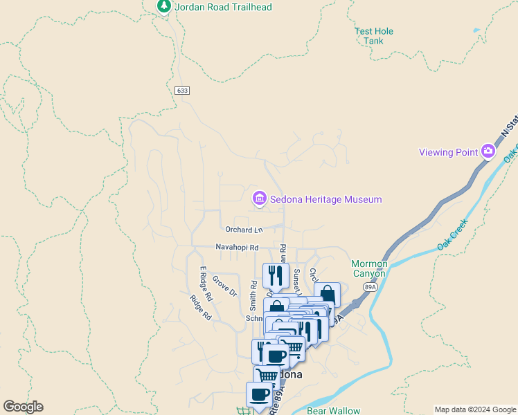 map of restaurants, bars, coffee shops, grocery stores, and more near 735 Jordan Road in Sedona