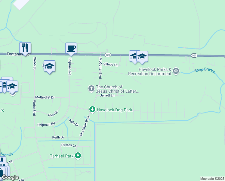 map of restaurants, bars, coffee shops, grocery stores, and more near 125 Jerrett Lane in Havelock