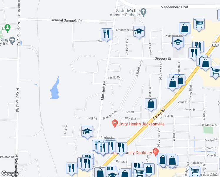 map of restaurants, bars, coffee shops, grocery stores, and more near 1316 Hendrix Drive in Jacksonville
