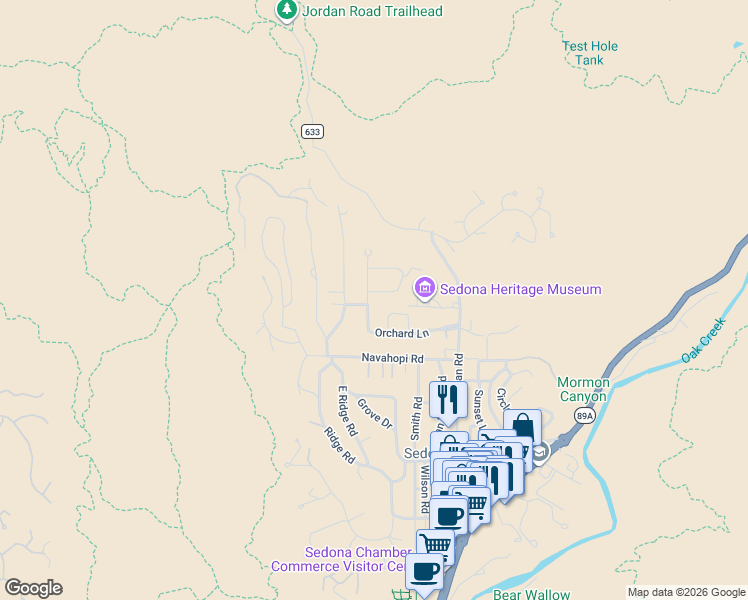 map of restaurants, bars, coffee shops, grocery stores, and more near 55 Tonto Road in Sedona