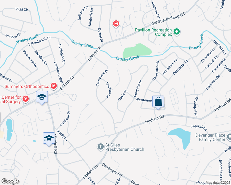 map of restaurants, bars, coffee shops, grocery stores, and more near 2 Terra Lea Lane in Greenville