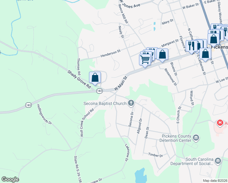 map of restaurants, bars, coffee shops, grocery stores, and more near 109 Secona Road in Pickens