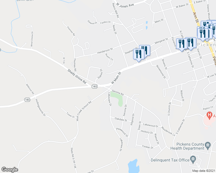 map of restaurants, bars, coffee shops, grocery stores, and more near 109 Secona Road in Pickens