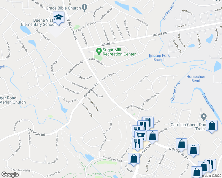 map of restaurants, bars, coffee shops, grocery stores, and more near 17 Treyburn Court in Greer