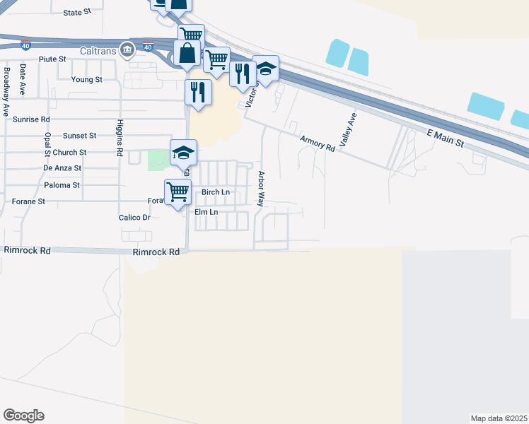 map of restaurants, bars, coffee shops, grocery stores, and more near 830 Crescent Drive in Barstow
