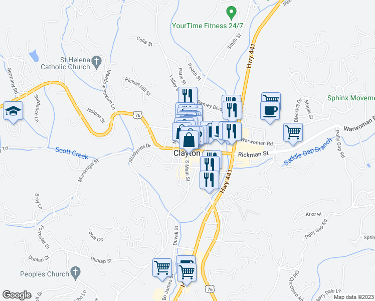 map of restaurants, bars, coffee shops, grocery stores, and more near Georgia 2 in Clayton