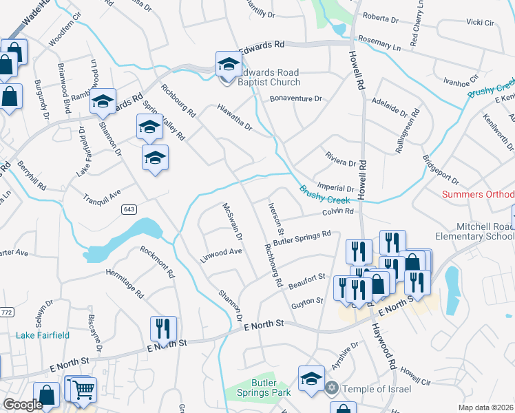 map of restaurants, bars, coffee shops, grocery stores, and more near 719 Richbourg Road in Greenville