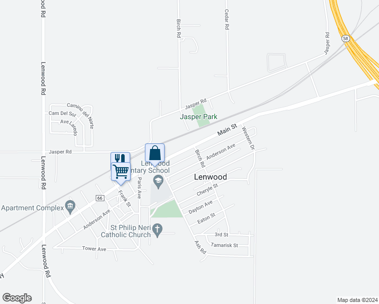 map of restaurants, bars, coffee shops, grocery stores, and more near 25441 Main Street in Barstow