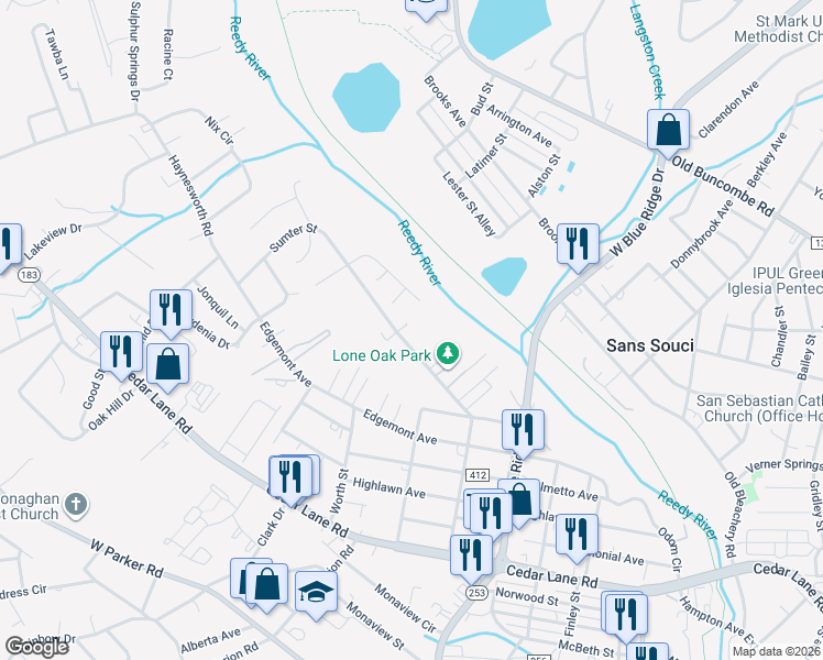 map of restaurants, bars, coffee shops, grocery stores, and more near 521 Sumter Street in Greenville