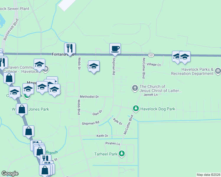 map of restaurants, bars, coffee shops, grocery stores, and more near 142 Shipman Road in Havelock