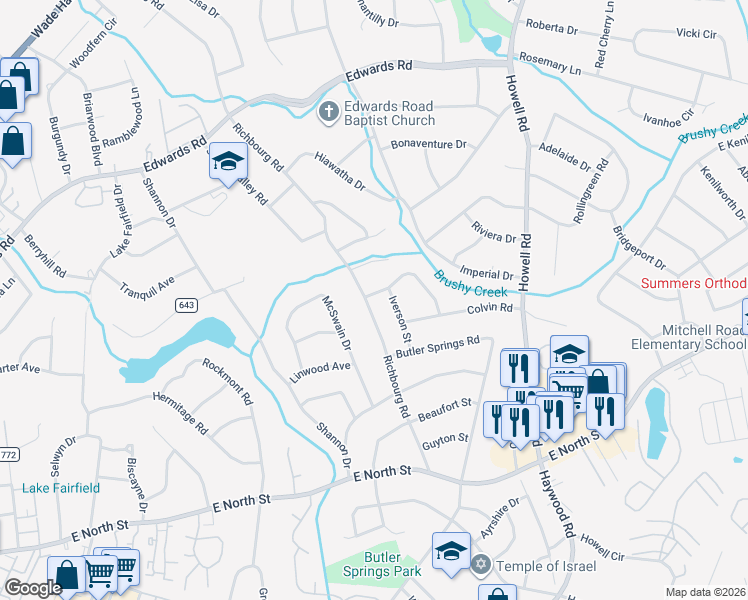 map of restaurants, bars, coffee shops, grocery stores, and more near 719 Richbourg Road in Greenville