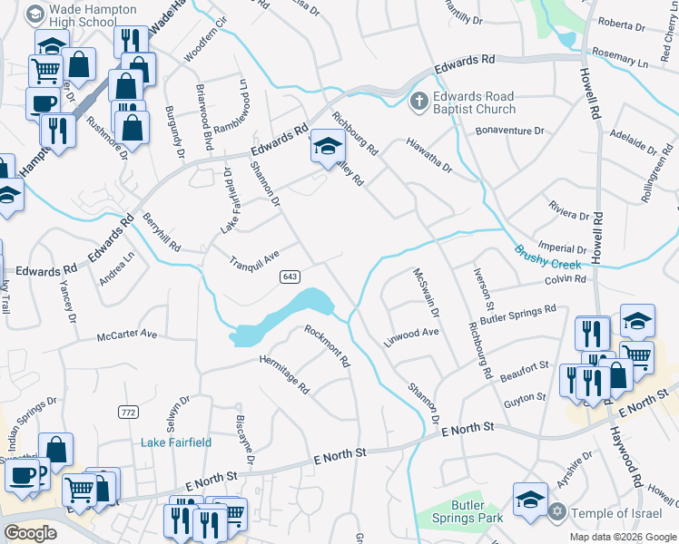 map of restaurants, bars, coffee shops, grocery stores, and more near 102 Shannon Drive in Greenville