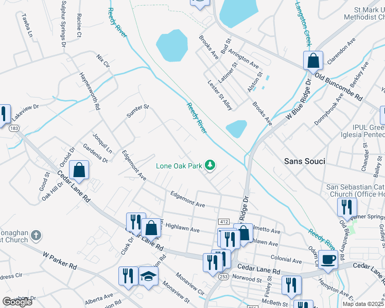 map of restaurants, bars, coffee shops, grocery stores, and more near 521 Sumter Street in Greenville