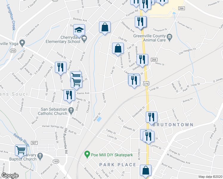 map of restaurants, bars, coffee shops, grocery stores, and more near 0 American Court in Greenville