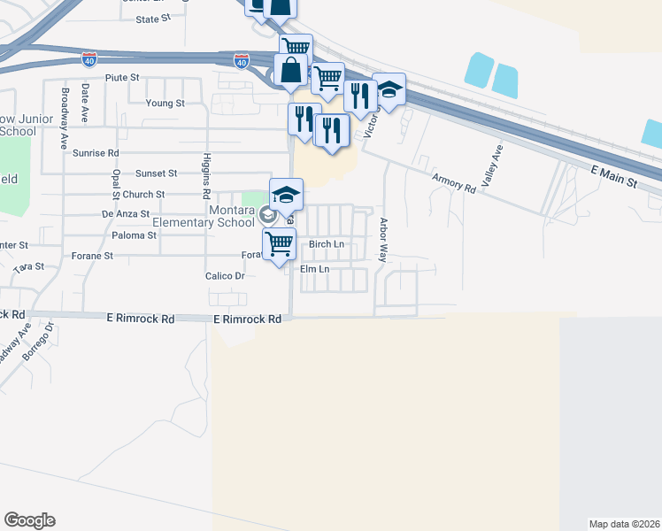 map of restaurants, bars, coffee shops, grocery stores, and more near Elm Ln in Barstow