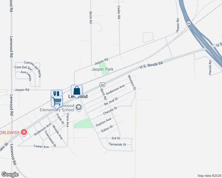 map of restaurants, bars, coffee shops, grocery stores, and more near 25533 Anderson Avenue in Barstow
