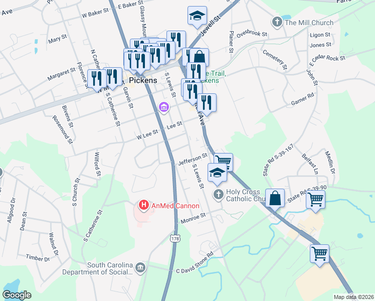 map of restaurants, bars, coffee shops, grocery stores, and more near 116 Jefferson Street in Pickens