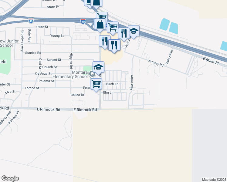 map of restaurants, bars, coffee shops, grocery stores, and more near Elm Ln in Barstow
