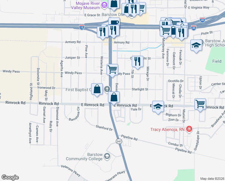map of restaurants, bars, coffee shops, grocery stores, and more near 1341 Barstow Road in Barstow
