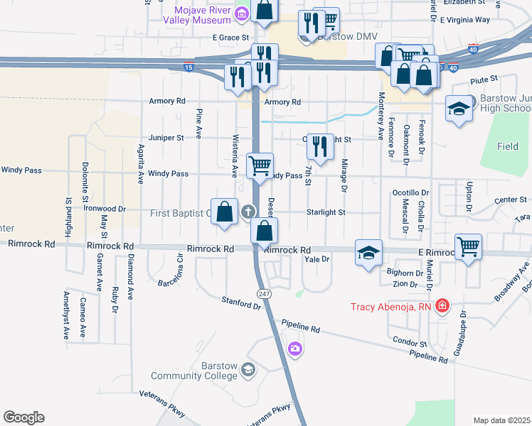 map of restaurants, bars, coffee shops, grocery stores, and more near 1341 Barstow Road in Barstow
