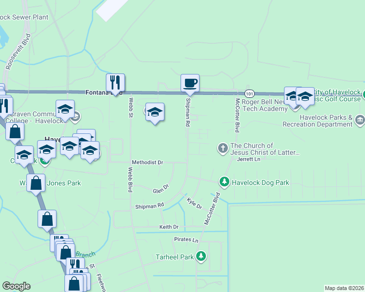 map of restaurants, bars, coffee shops, grocery stores, and more near 142 Shipman Road in Havelock