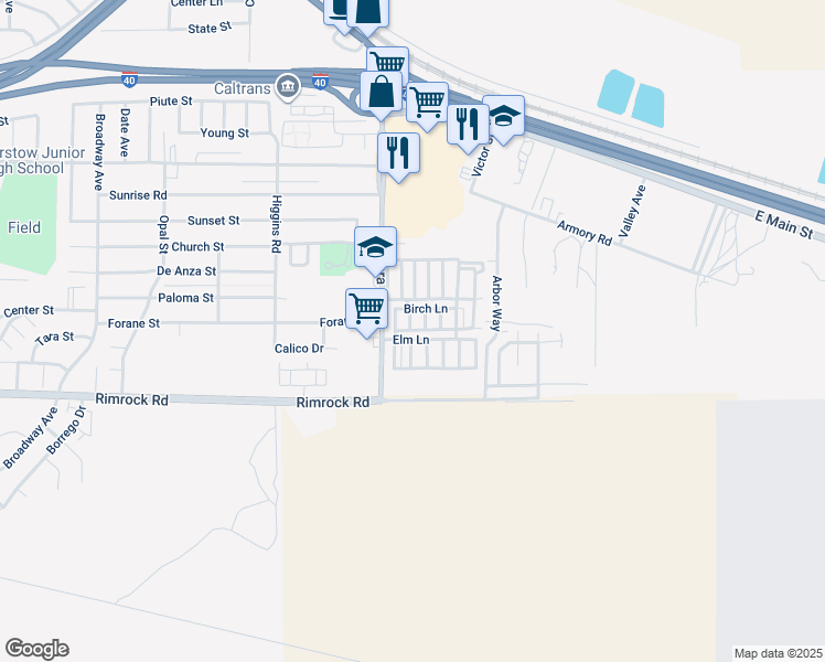 map of restaurants, bars, coffee shops, grocery stores, and more near 701 Montara Road in Barstow