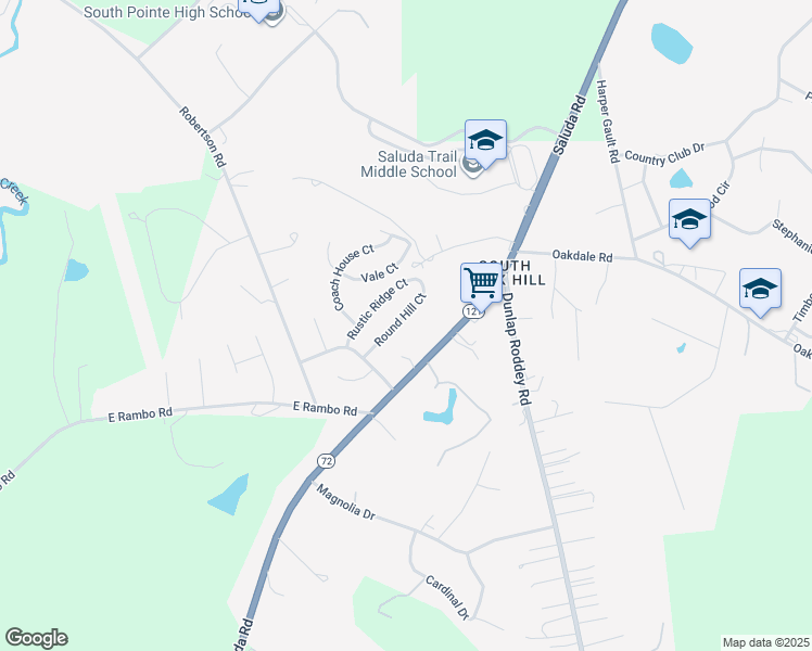 map of restaurants, bars, coffee shops, grocery stores, and more near 2750 Round Hill Court in Rock Hill