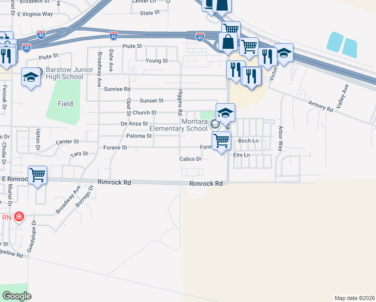 map of restaurants, bars, coffee shops, grocery stores, and more near 1812 Forane Street in Barstow