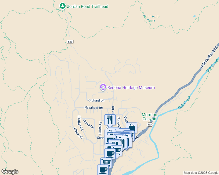 map of restaurants, bars, coffee shops, grocery stores, and more near 735 Jordan Road in Sedona