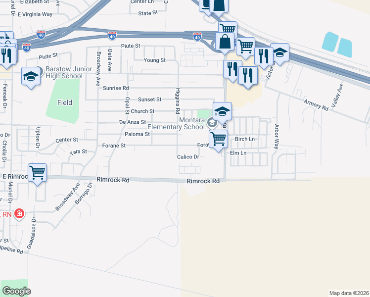 map of restaurants, bars, coffee shops, grocery stores, and more near 1812 Forane Street in Barstow
