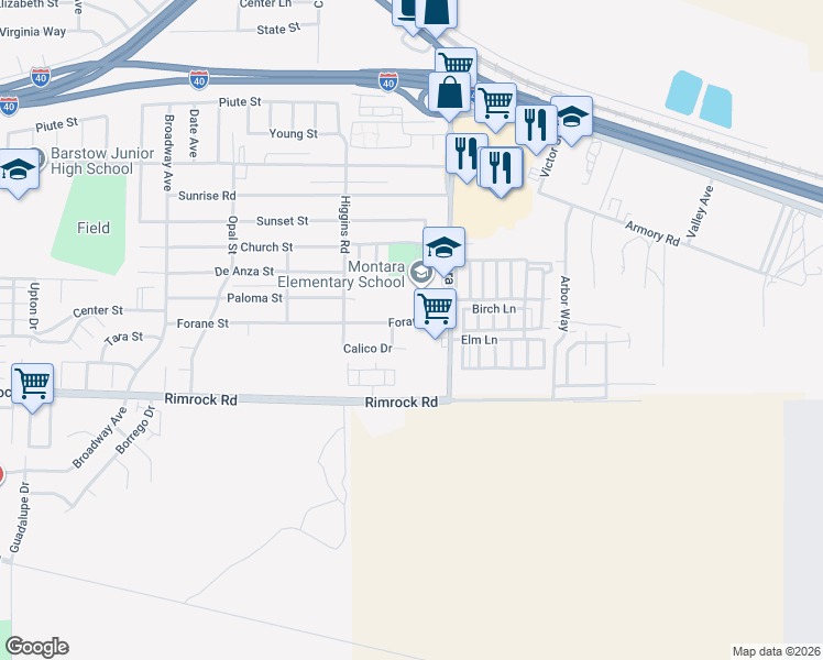map of restaurants, bars, coffee shops, grocery stores, and more near 1912 Forane Street in Barstow