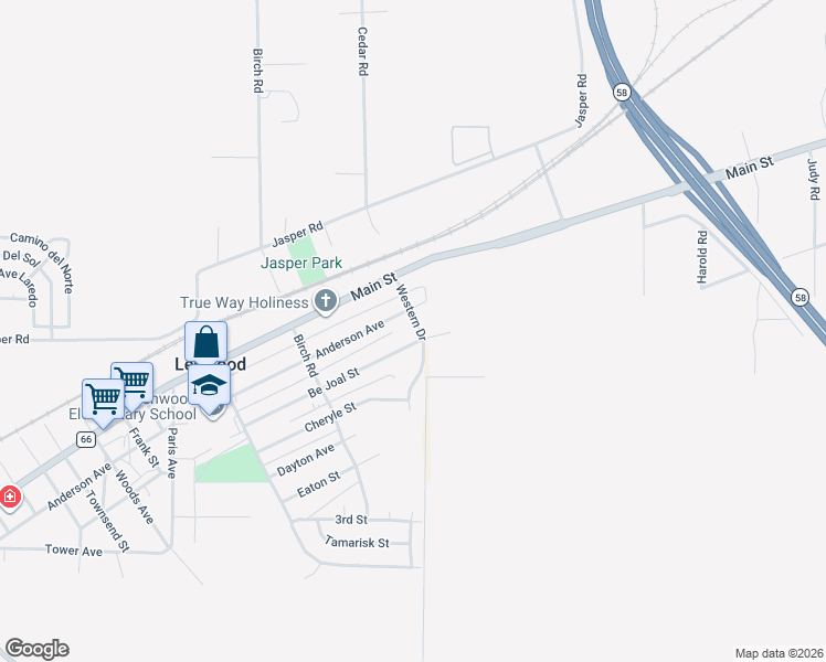 map of restaurants, bars, coffee shops, grocery stores, and more near 34540 Western Drive in Barstow