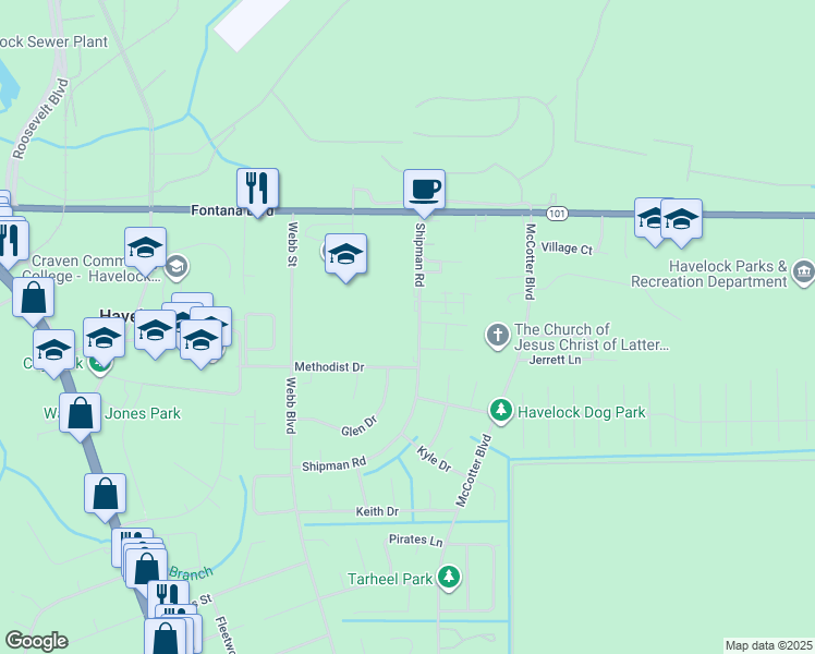 map of restaurants, bars, coffee shops, grocery stores, and more near 142 Shipman Road in Havelock