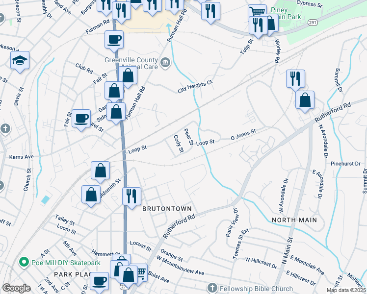 map of restaurants, bars, coffee shops, grocery stores, and more near 205 Pear Street in Greenville