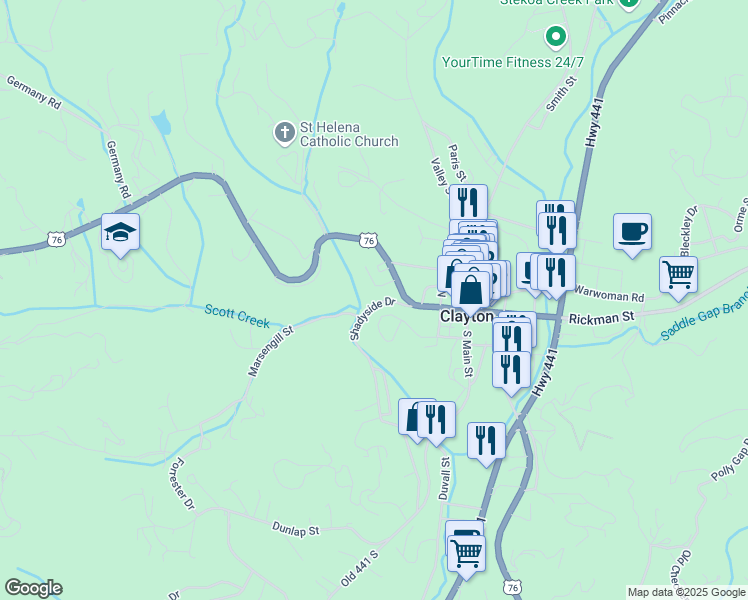 map of restaurants, bars, coffee shops, grocery stores, and more near 259 Derrick Street in Clayton