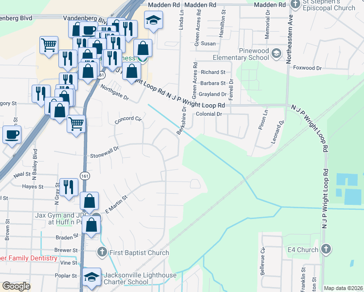 map of restaurants, bars, coffee shops, grocery stores, and more near 116 Berkshire Circle in Jacksonville