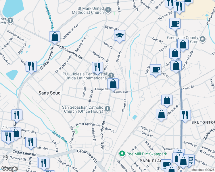 map of restaurants, bars, coffee shops, grocery stores, and more near 11 Tampa Street in Greenville