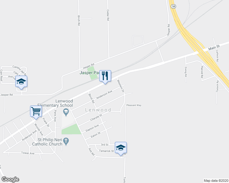 map of restaurants, bars, coffee shops, grocery stores, and more near 25633 Anderson Avenue in Barstow