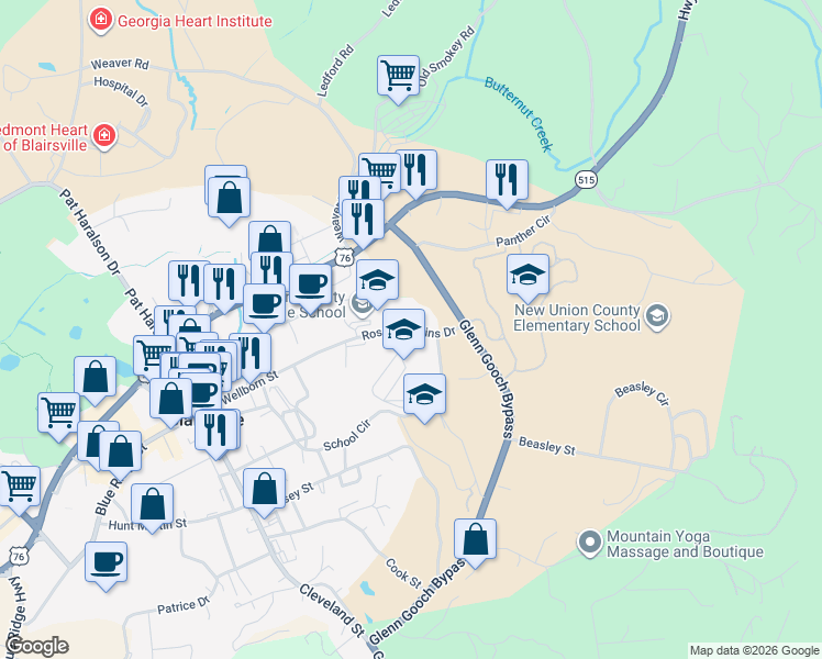 map of restaurants, bars, coffee shops, grocery stores, and more near Roscoe Collins Drive in Blairsville