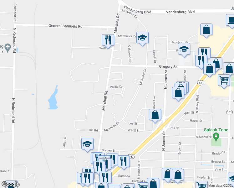 map of restaurants, bars, coffee shops, grocery stores, and more near Phillip Drive in Jacksonville