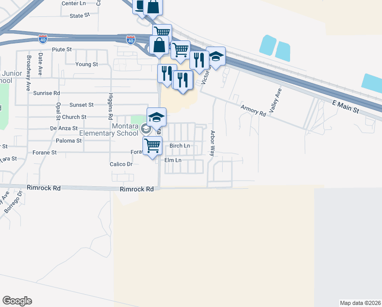 map of restaurants, bars, coffee shops, grocery stores, and more near 701 Montara Road in Barstow