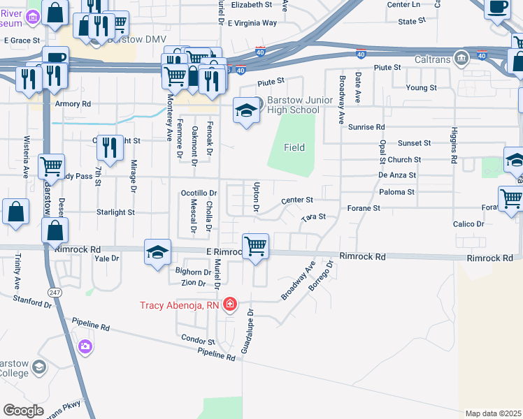 map of restaurants, bars, coffee shops, grocery stores, and more near 730 Karen Court in Barstow